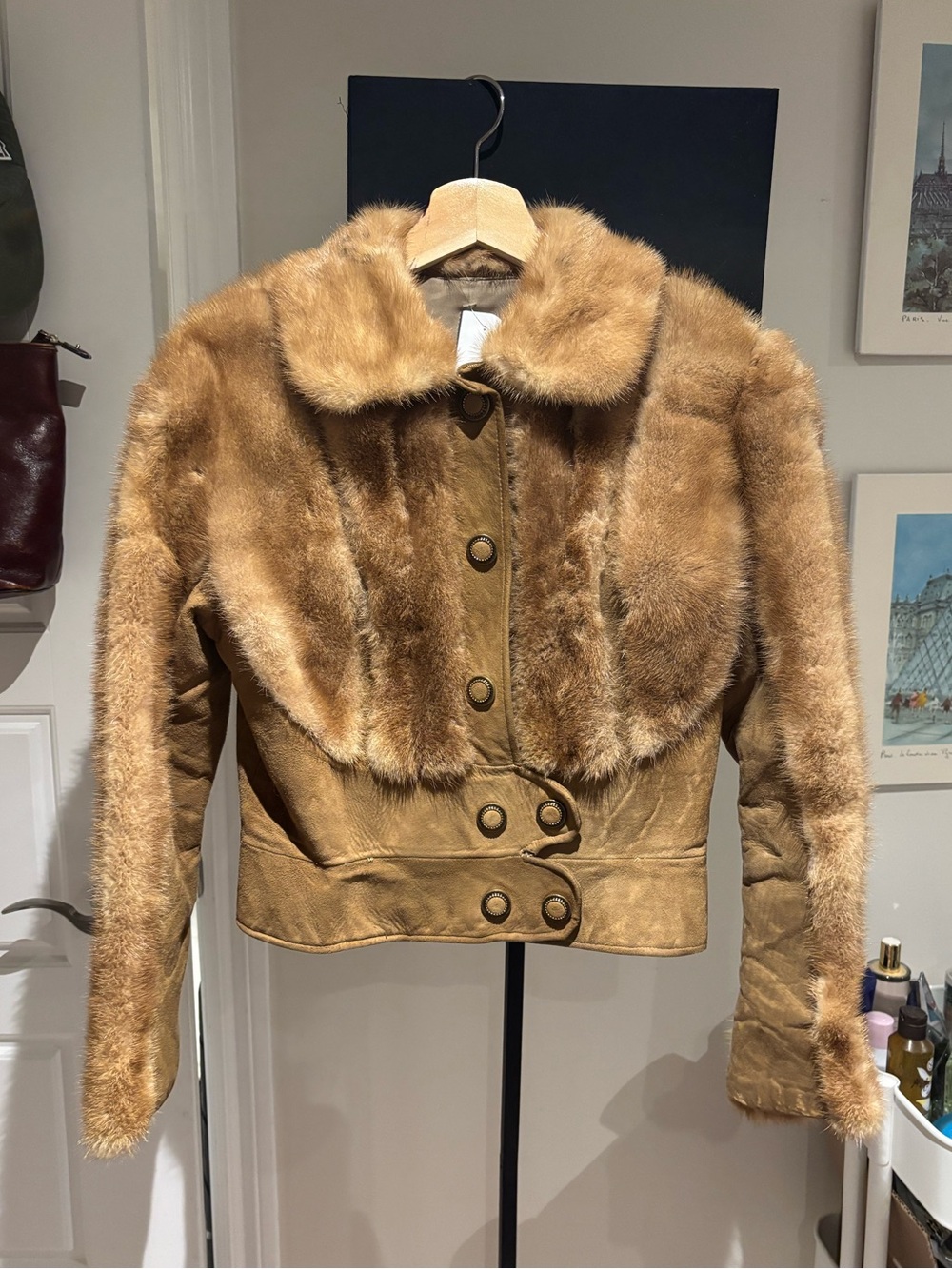 Women's Tan Mink Fur Trim Suede Jacket